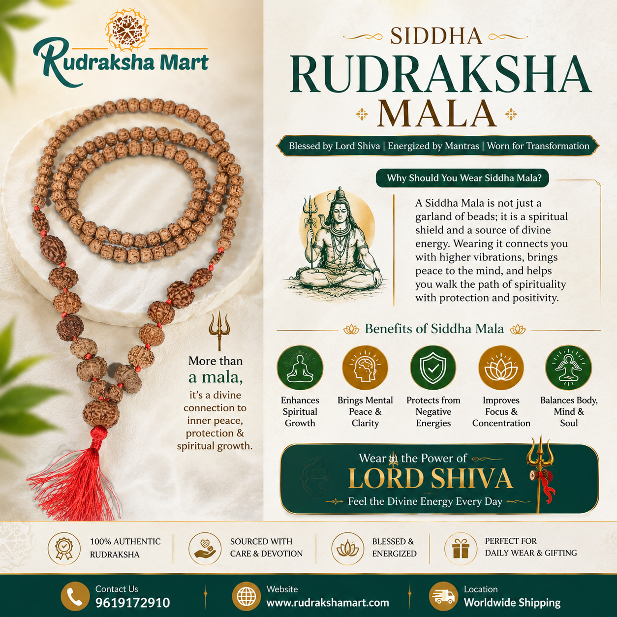1 to 14 Mukhi Java Rudraksha Beads Siddha Mala in thread with 5 Mukhi Lab Certified in India, US, UK, Australia, Europe