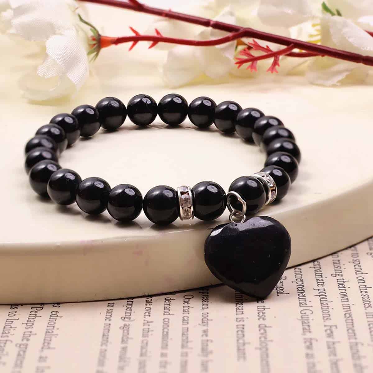 Black Tourmaline Bracelet With Mini Heart Charm in India, US, UK, Australia, Europe