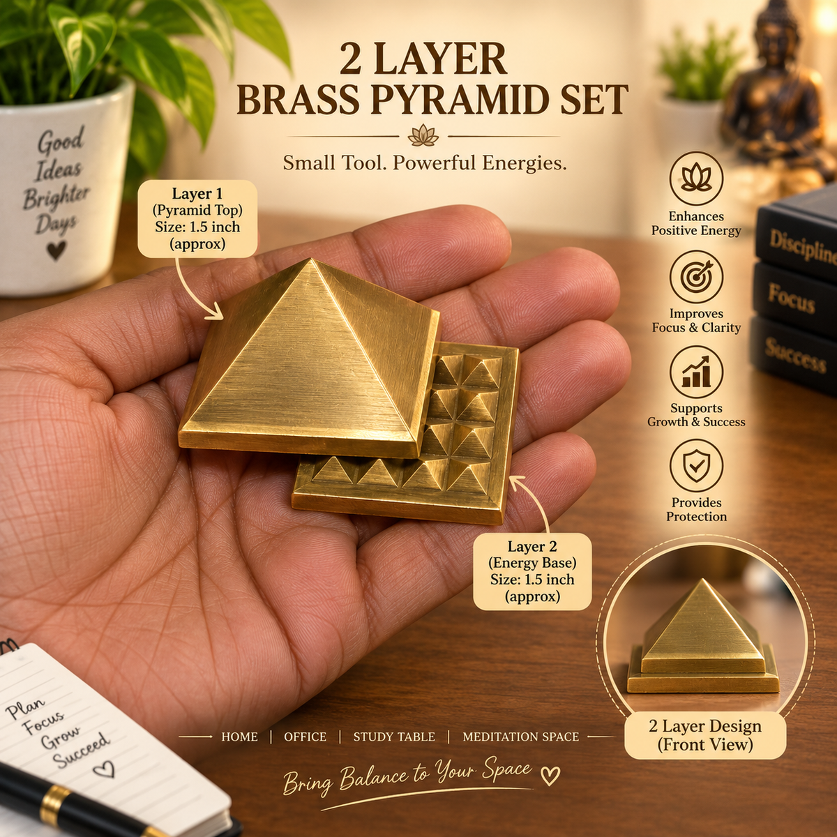 Two-Layer Brass Vastu Pyramid for Home and Office