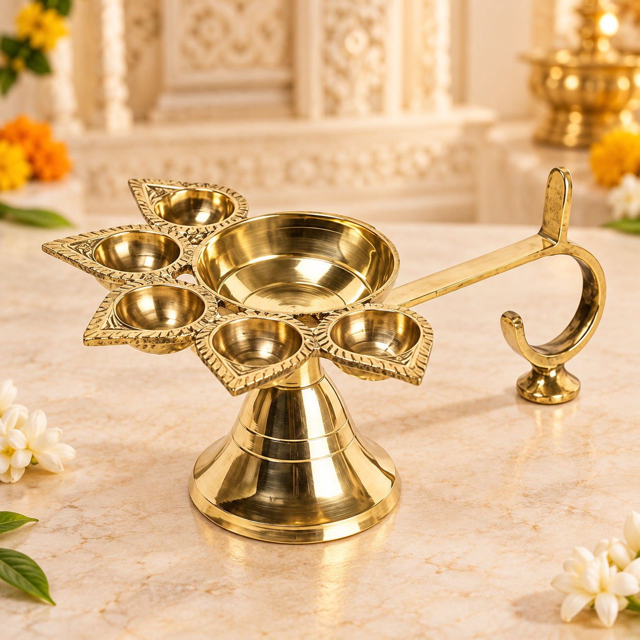 Brass Pancharti Diya with Handle – 5-Wick Aarti Lamp for Pooja in India, US, UK, Australia, Europe