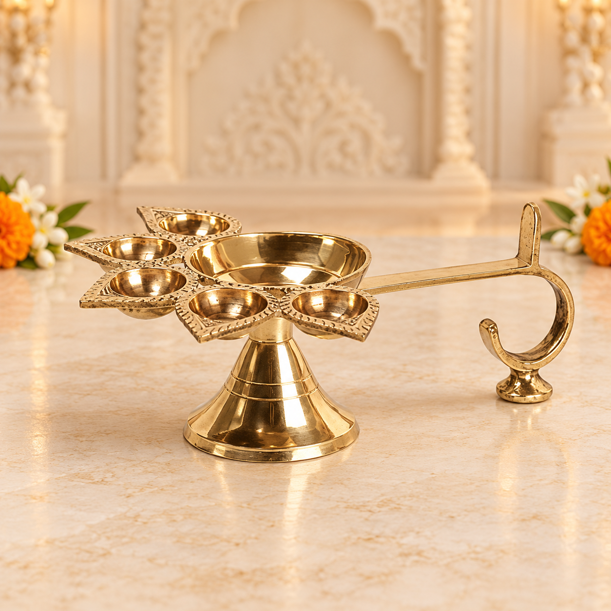 Brass Pancharti Diya with Handle – 5-Wick Aarti Lamp for Pooja in India, US, UK, Australia, Europe