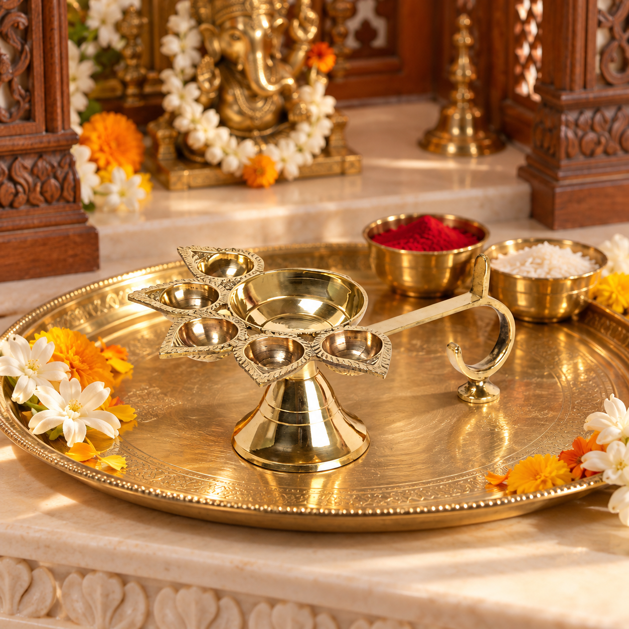 Brass Pancharti Diya with Handle – 5-Wick Aarti Lamp for Pooja in India, US, UK, Australia, Europe
