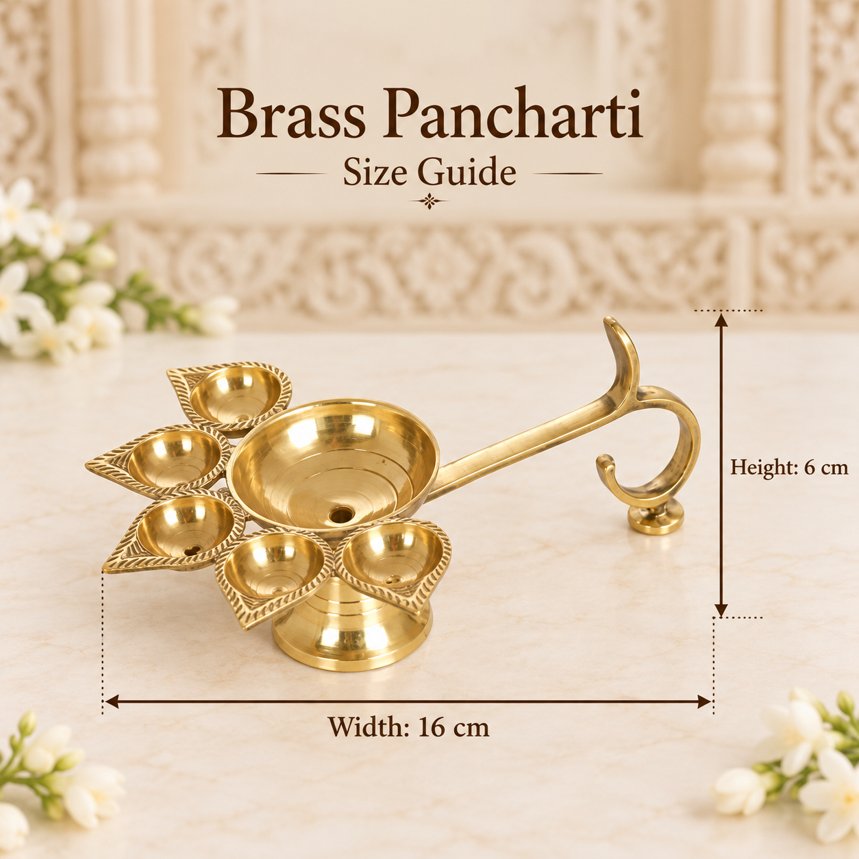 Brass Pancharti Diya with Handle – 5-Wick Aarti Lamp for Pooja in India, US, UK, Australia, Europe