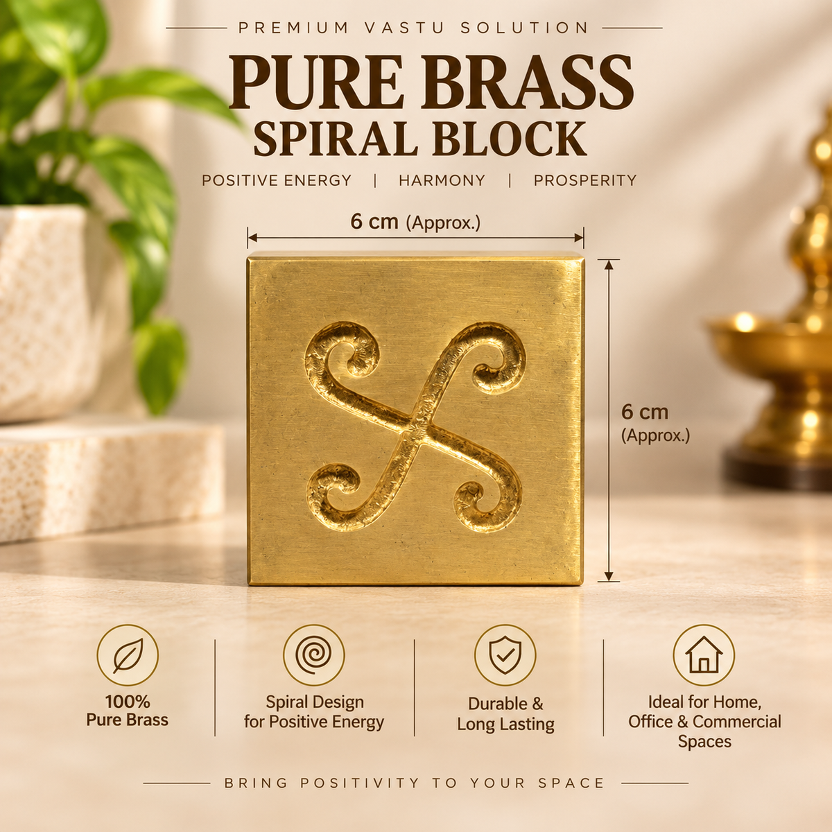 Vastu Remedy Brass Spiral Block for Correcting North-West Directional Imbalances in India, US, UK, Australia, Europe