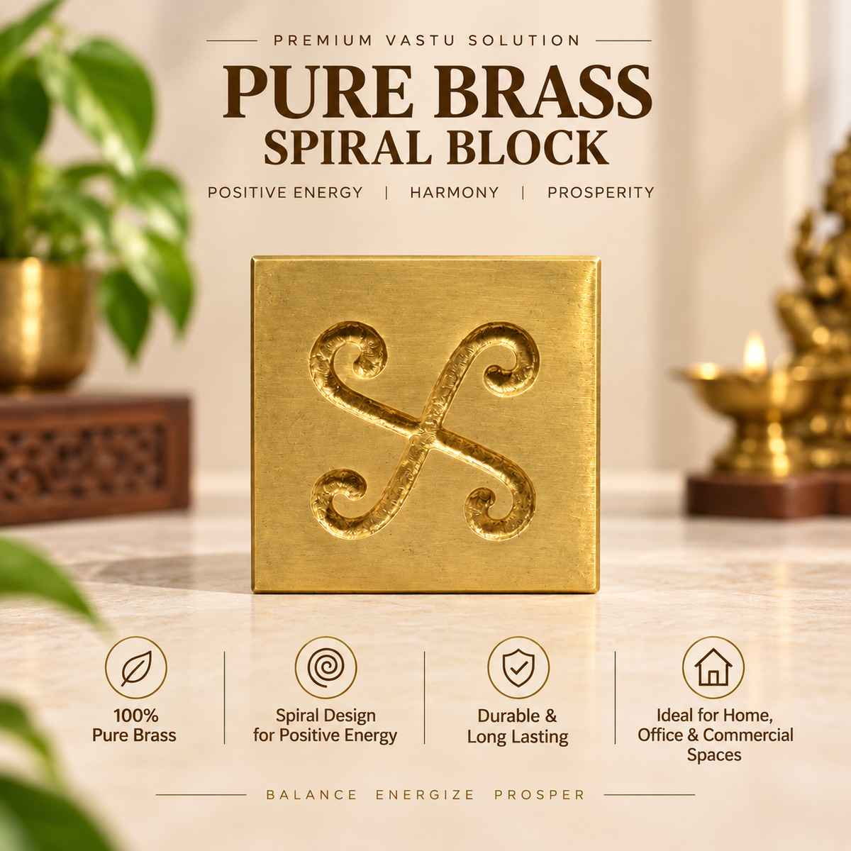 Vastu Remedy Brass Spiral Block for Correcting North-West Directional Imbalances in India, US, UK, Australia, Europe