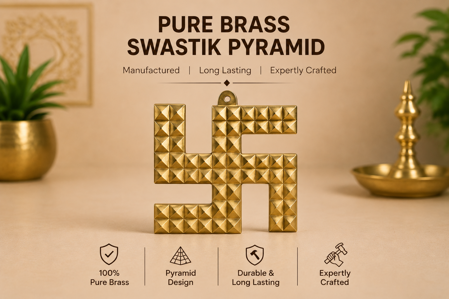 Pure Brass Swastik with Pyramid for Home, Office & Factory in India, US, UK, Australia, Europe