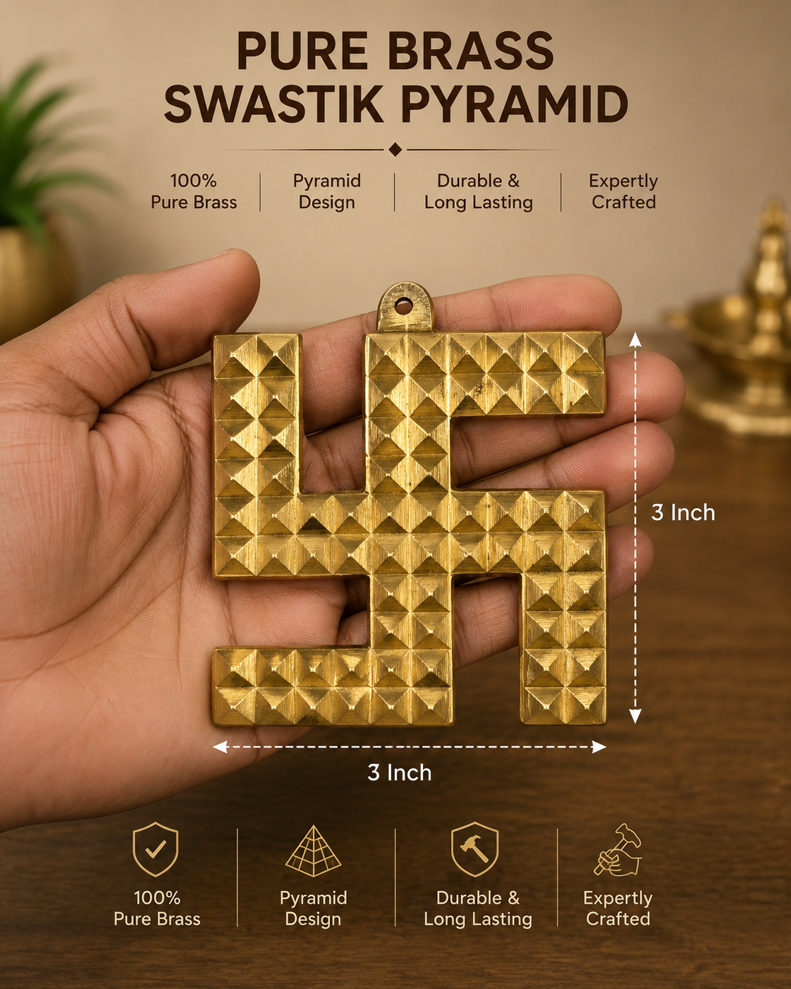Pure Brass Swastik with Pyramid for Home, Office & Factory in India, US, UK, Australia, Europe