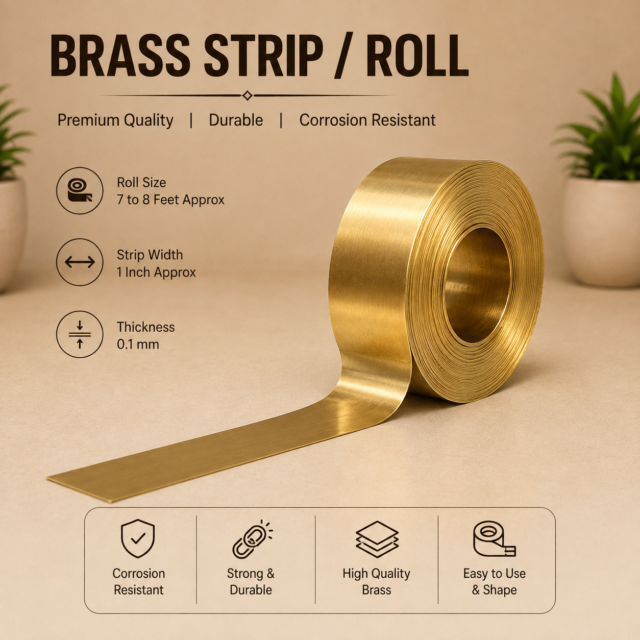 Brass Strip For Vastu Remedy 8 Feet,1 Inch Width in India, US, UK, Australia, Europe