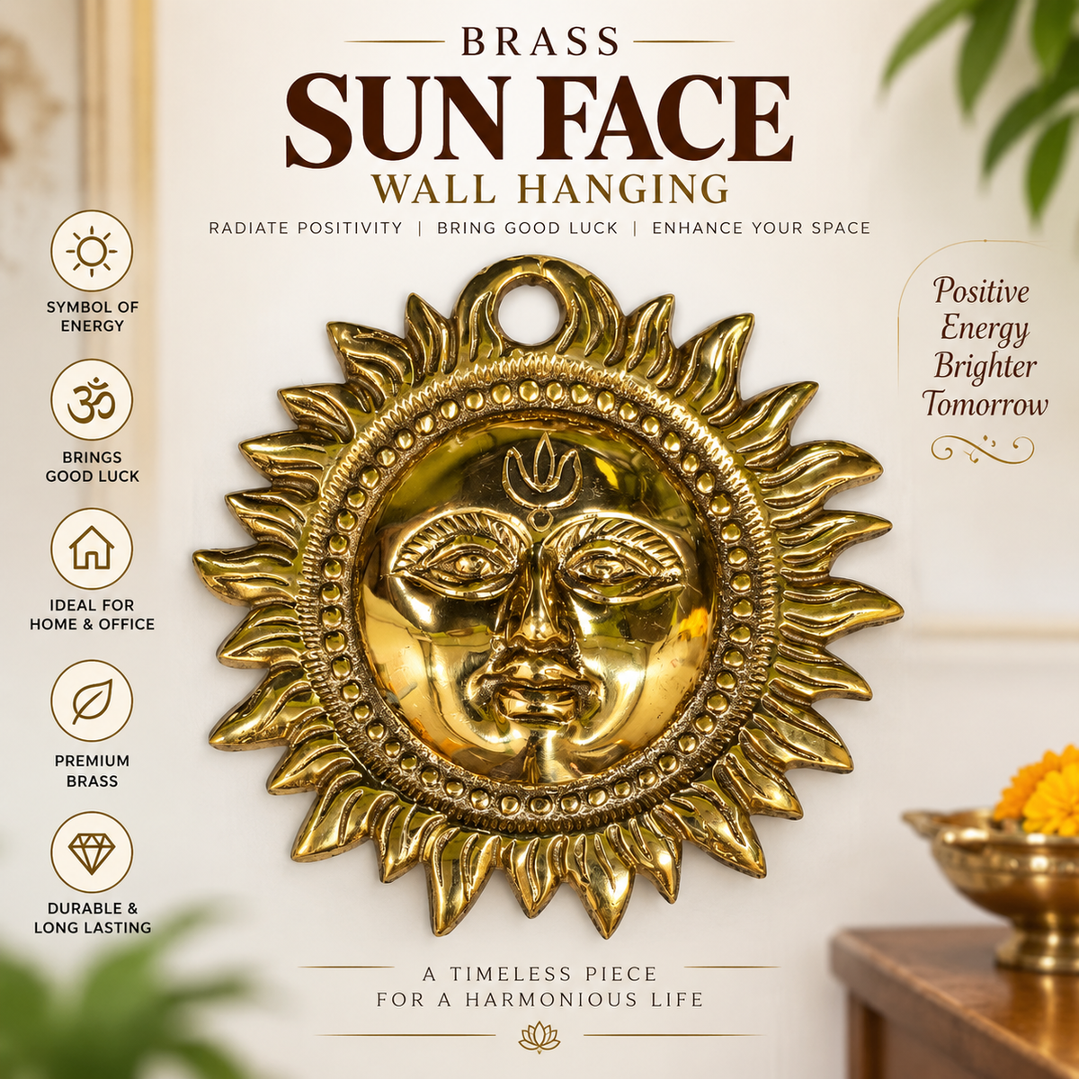 Vastu Remedies Brass Sun face Wall Hanging for Good Luck, Success and Prosperity in India, US, UK, Australia, Europe
