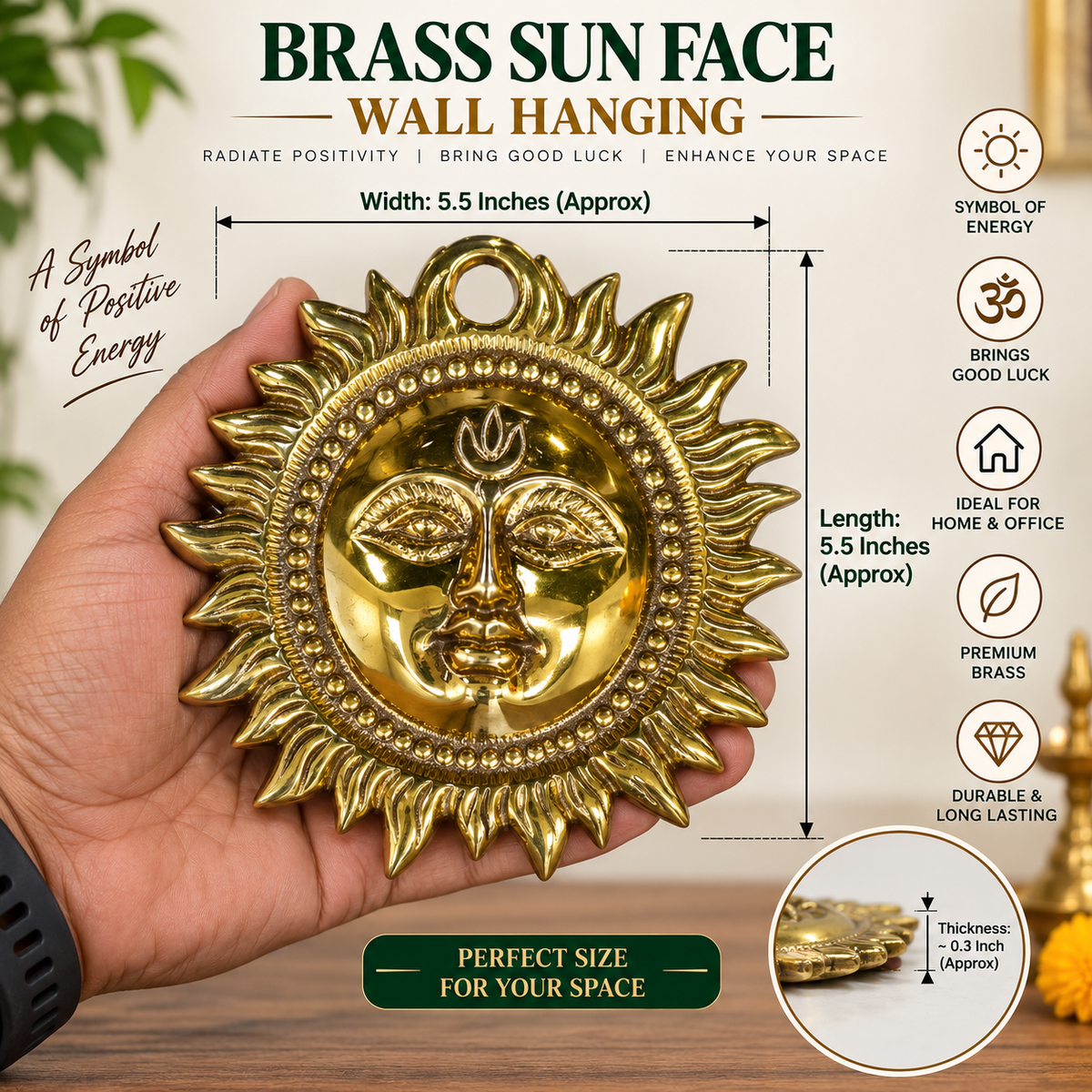 Vastu Remedies Brass Sun face Wall Hanging for Good Luck, Success and Prosperity in India, US, UK, Australia, Europe