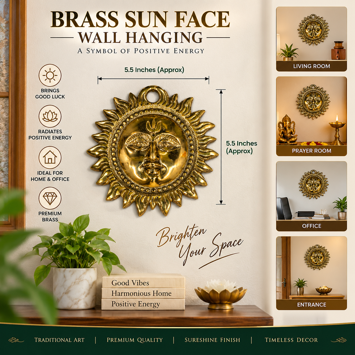 Vastu Remedies Brass Sun face Wall Hanging for Good Luck, Success and Prosperity in India, US, UK, Australia, Europe