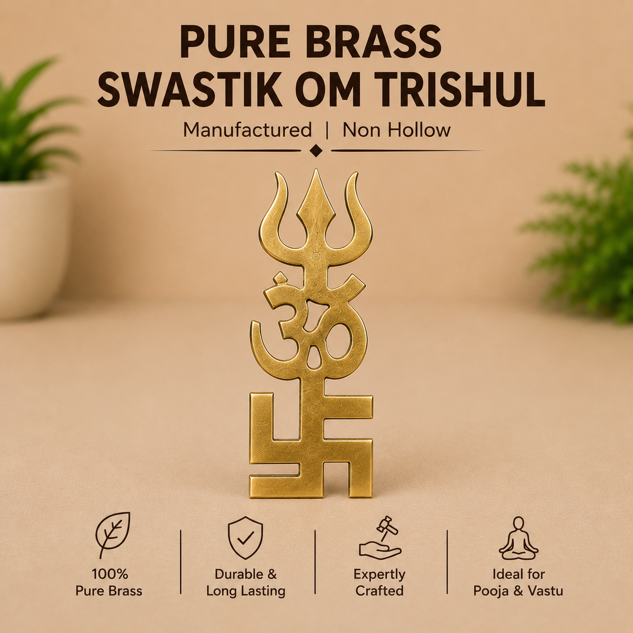 Brass Swastik Om And Trishul Wall Hanging Good Luck Showpiece - Set of 2