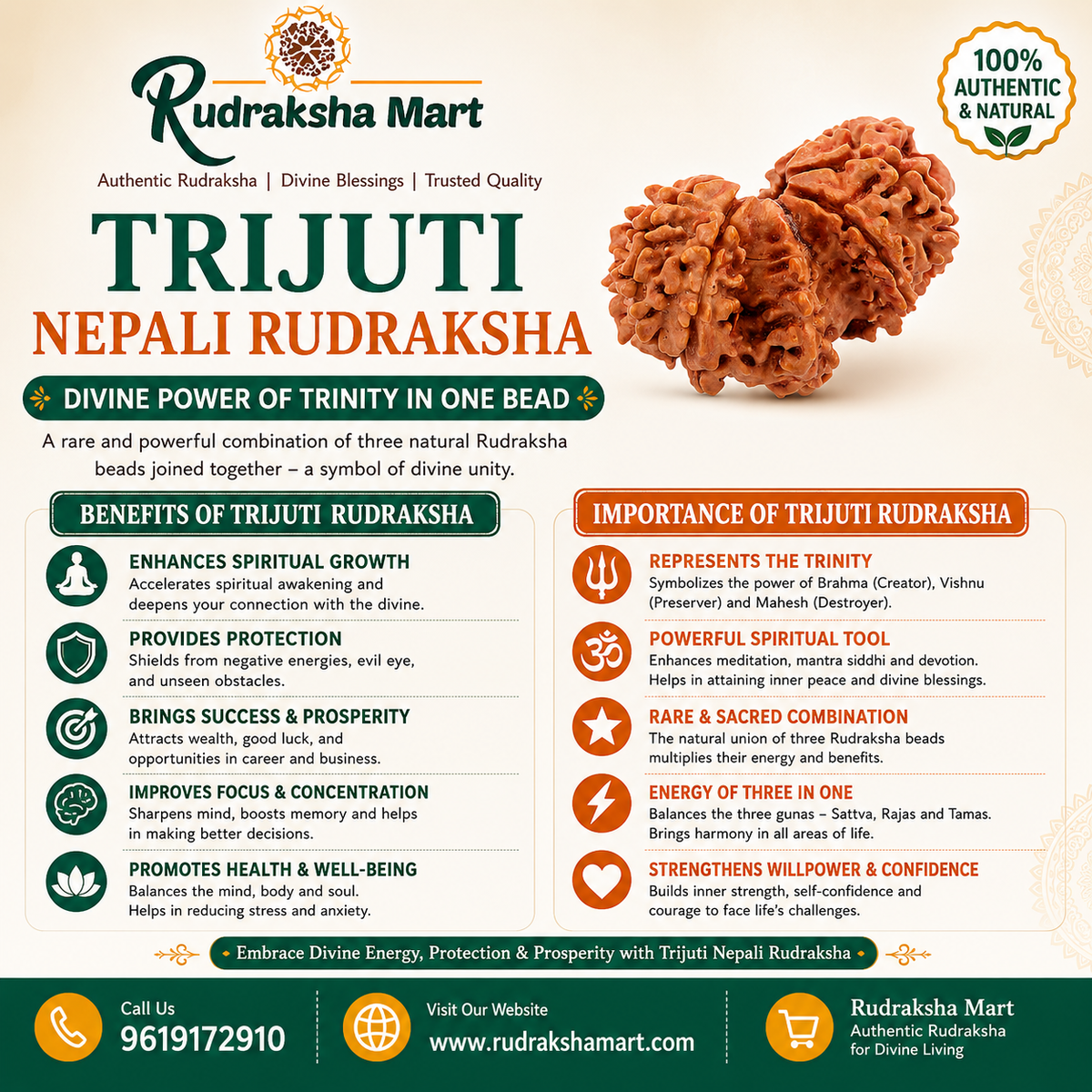 Trijuti Nepali Rudraksha Bead in India, US, UK, Australia, Europe