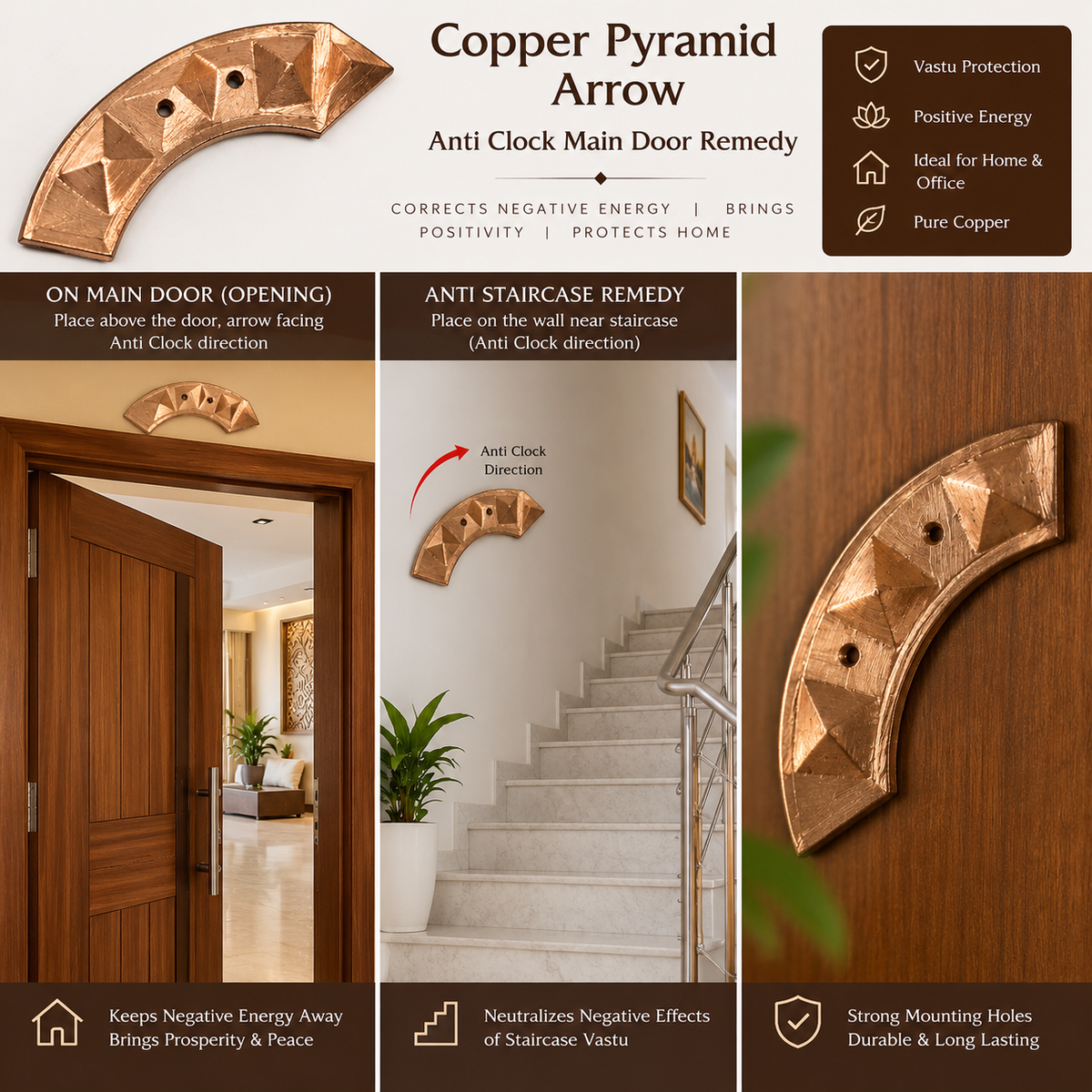 Copper Pyramid Arrow Vastu Remedies for Anti Clock Main Door, Entrance, Staircase & Anti Clock Factory Production Process in India, US, UK, Australia, Europe