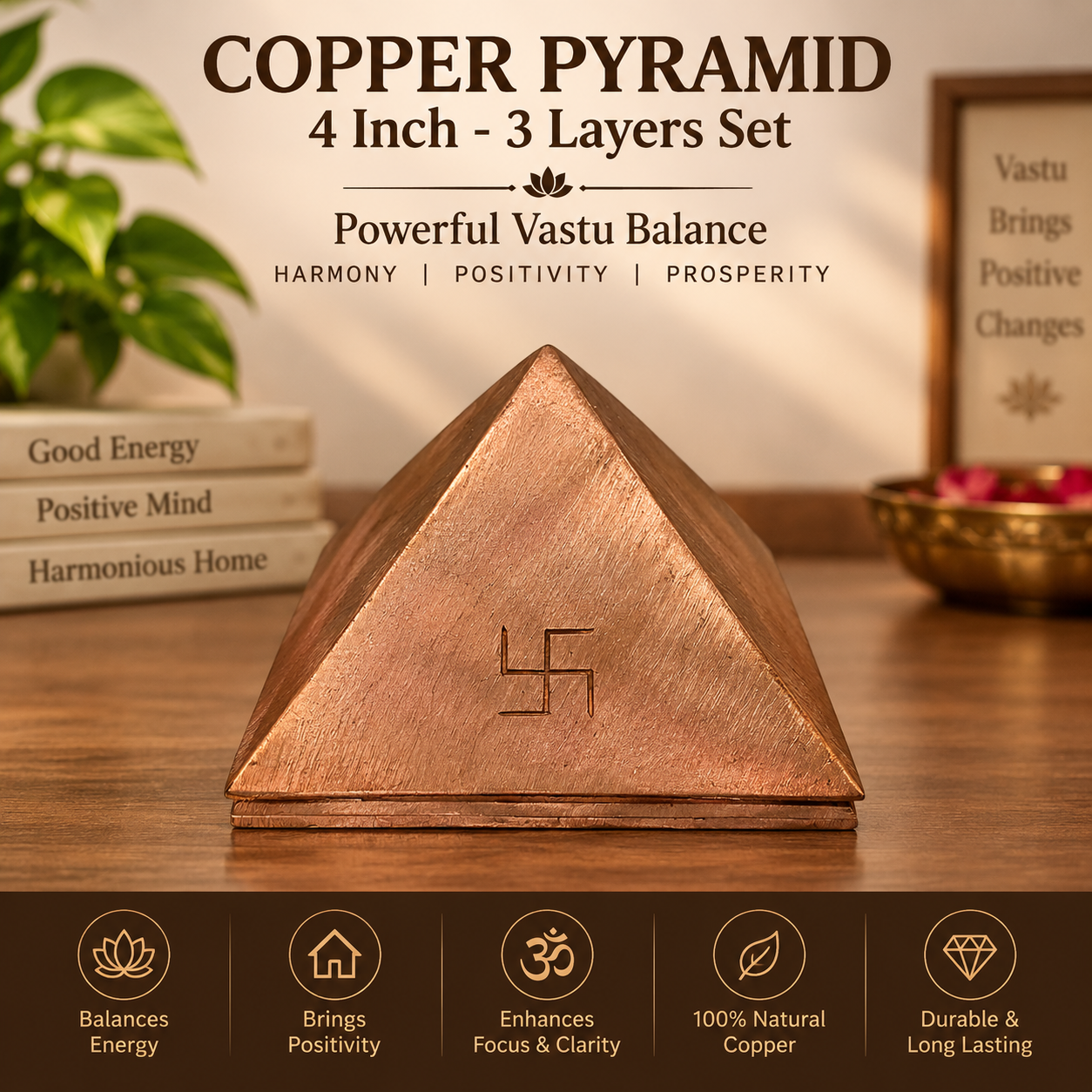 100x Poweful Copper Vastu Pyramid Set – 4 Inch Vastu Remedies for Positive Vastu Energy Vibrations at Home, Office, Factory, Plot in India, US, UK, Australia, Europe