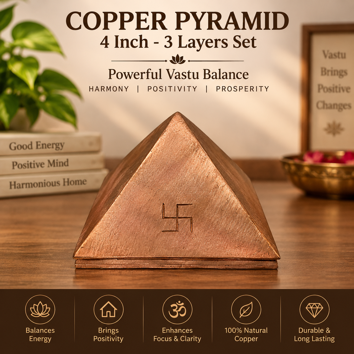 100x Poweful Copper Vastu Pyramid Set – 4 Inch Vastu Remedies for Positive Vastu Energy Vibrations at Home, Office, Factory, Plot in India, US, UK, Australia, Europe