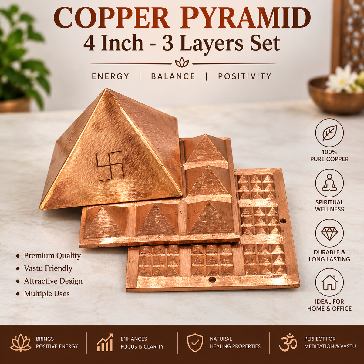 100x Poweful Copper Vastu Pyramid Set – 4 Inch Vastu Remedies for Positive Vastu Energy Vibrations at Home, Office, Factory, Plot in India, US, UK, Australia, Europe