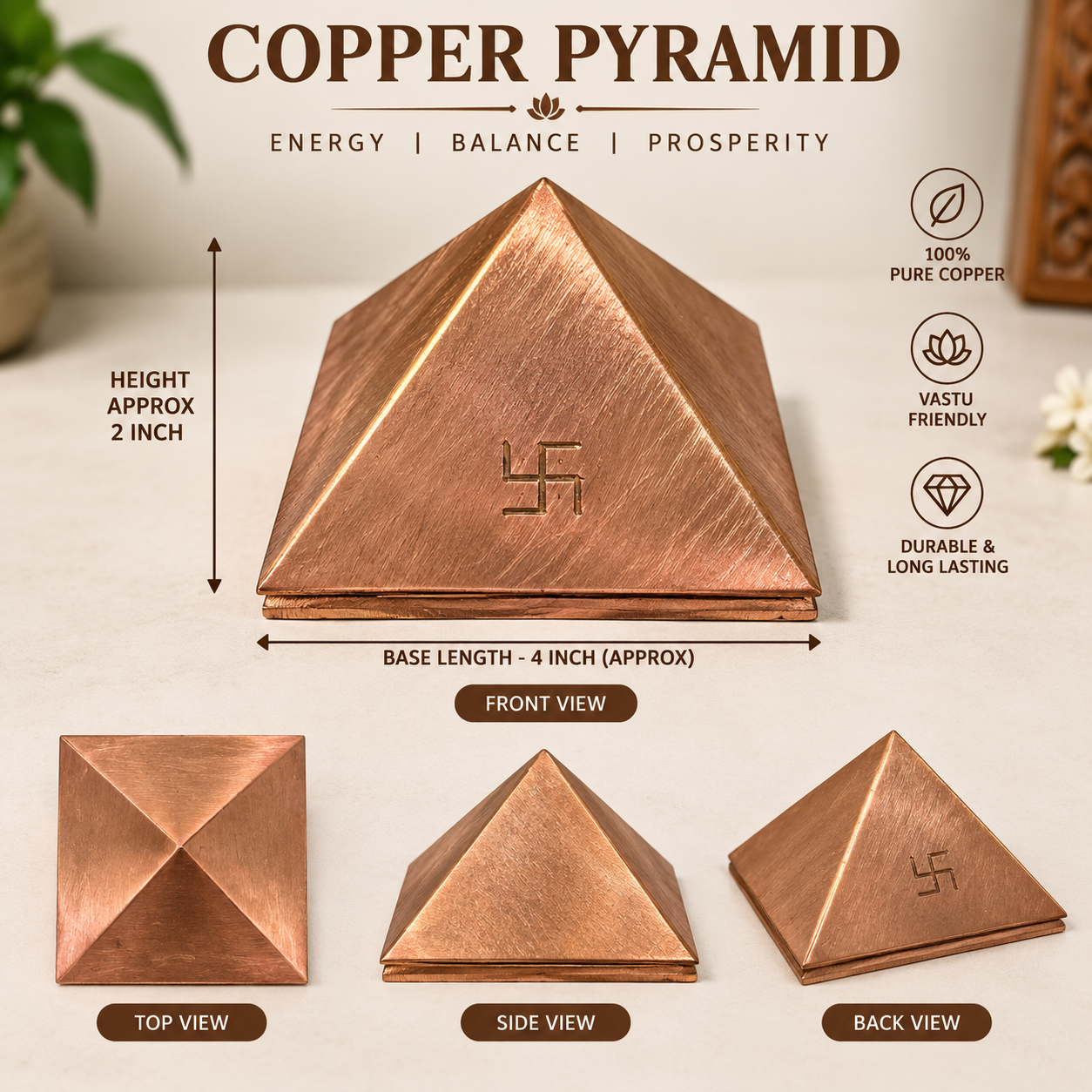 100x Poweful Copper Vastu Pyramid Set – 4 Inch Vastu Remedies for Positive Vastu Energy Vibrations at Home, Office, Factory, Plot in India, US, UK, Australia, Europe