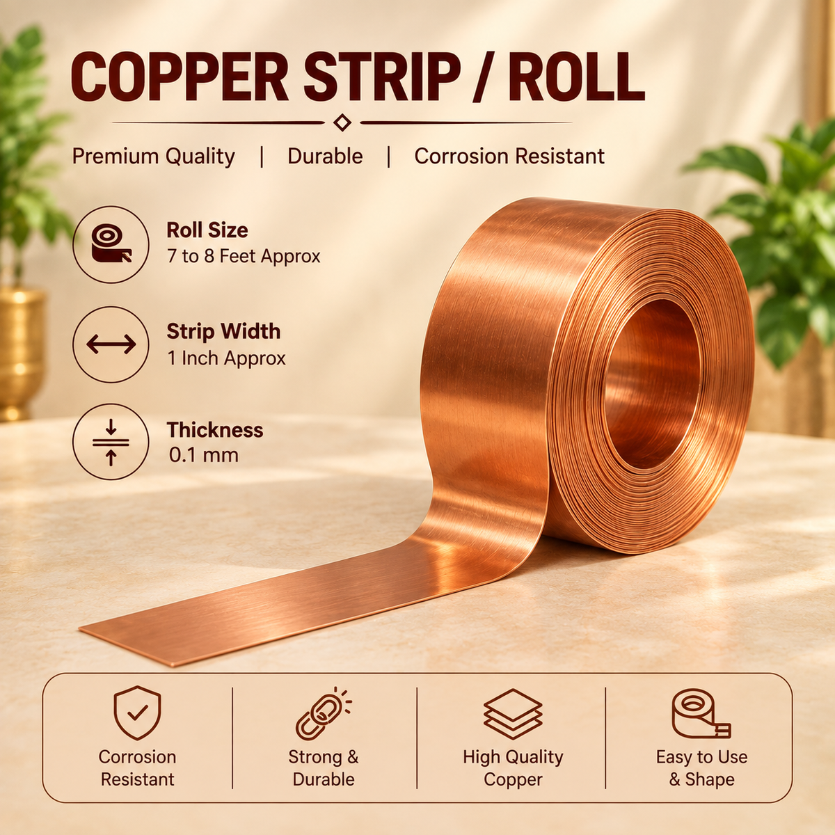 Copper Strip For Vastu Remedy {8 Feet ,25 MM Width , 0.2 MM Thickness} in India, US, UK, Australia, Europe