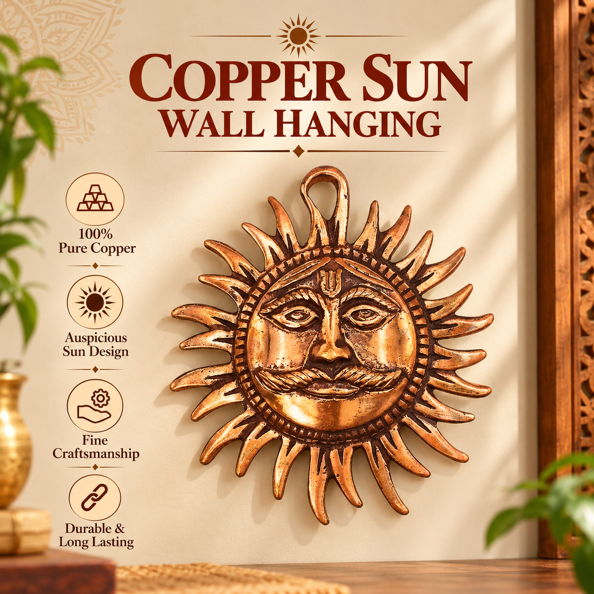 Copper Made Hanging Sun Idol Copper Hanging Surya Idol for Vastu, Good Luck, Success and Prosperity in India, US, UK, Australia, Europe