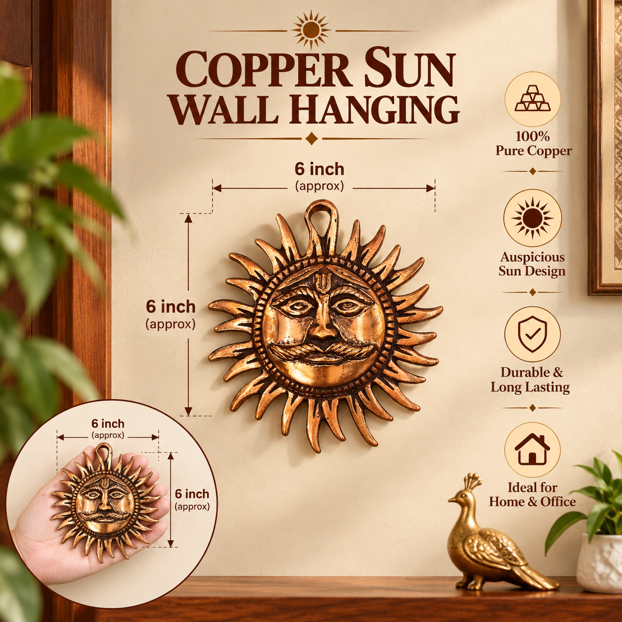 Copper Made Hanging Sun Idol Copper Hanging Surya Idol for Vastu, Good Luck, Success and Prosperity in India, US, UK, Australia, Europe