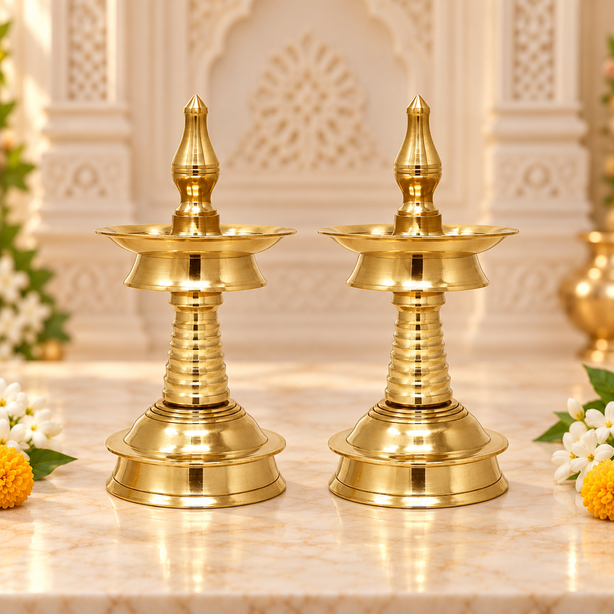 Kerala Brass Oil Lamp for Pooja at Home, Office (Set of - 2) in India, US, UK, Australia, Europe