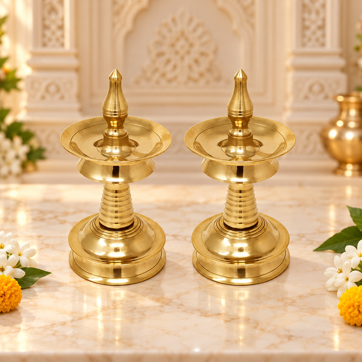 Kerala Brass Oil Lamp for Pooja at Home, Office (Set of - 2) in India, US, UK, Australia, Europe