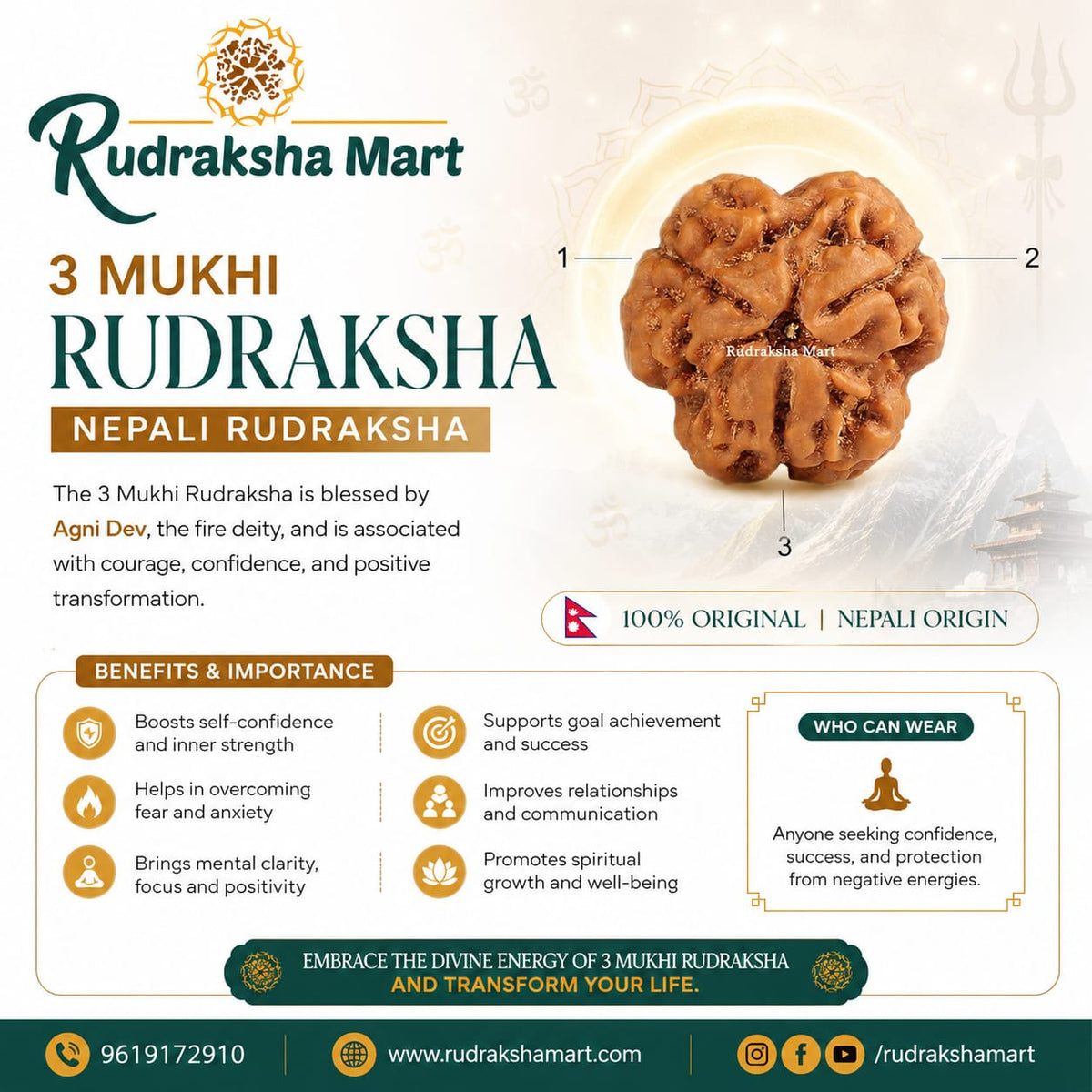 3 Mukhi Nepali Rudraksha in India, US, UK, Australia, Europe