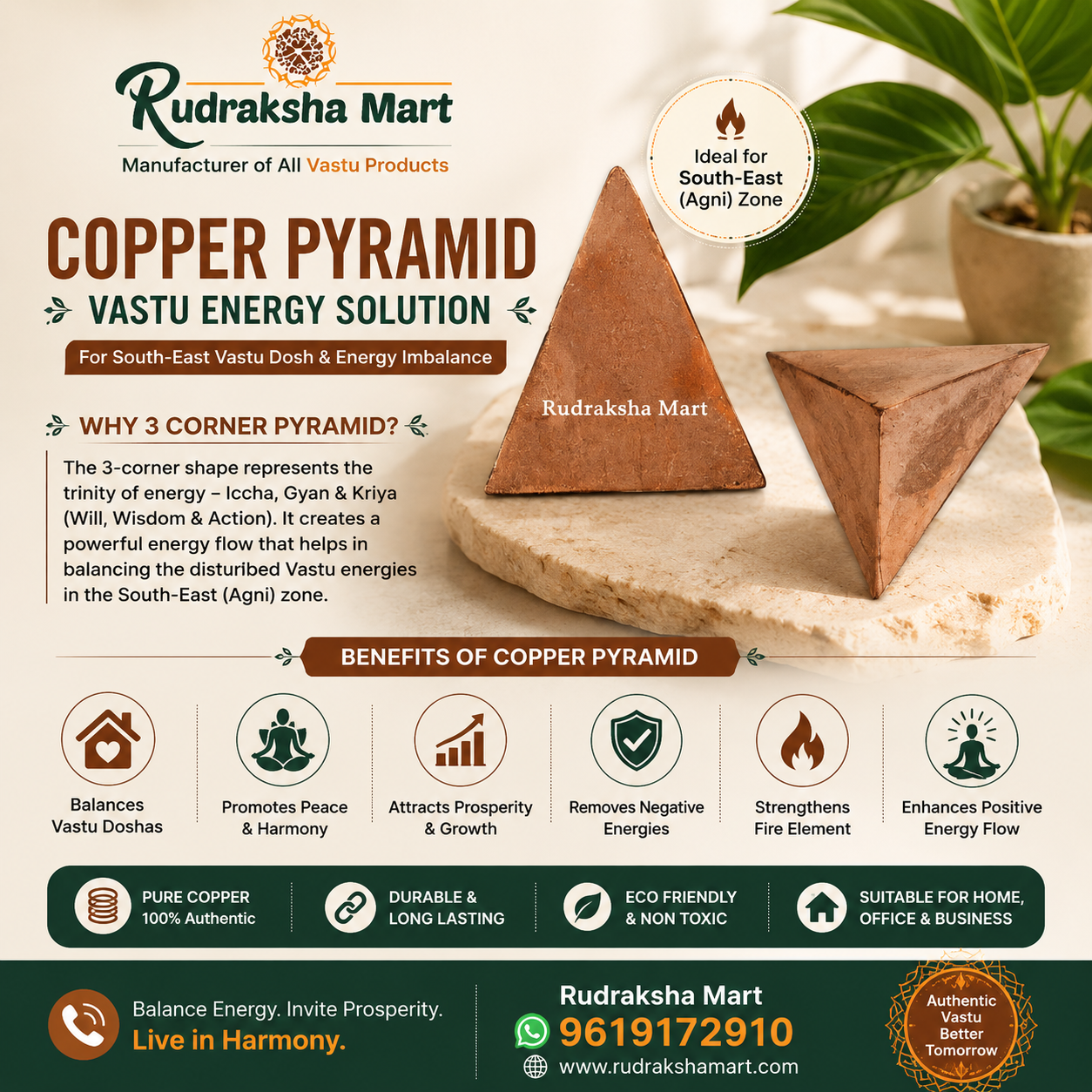Copper Pyramid Vastu Energy for South East Vastu Dosh Defects- Triangle Shape in India, US, UK, Australia, Europe