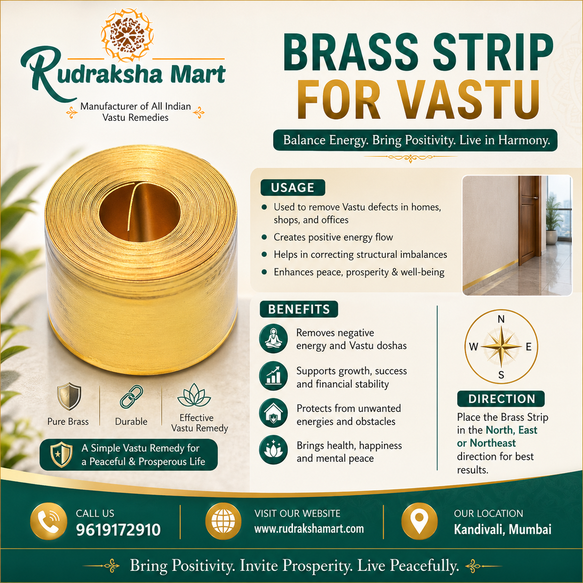 Brass Strip For Vastu Remedy 8 Feet,1 Inch Width in India, US, UK, Australia, Europe