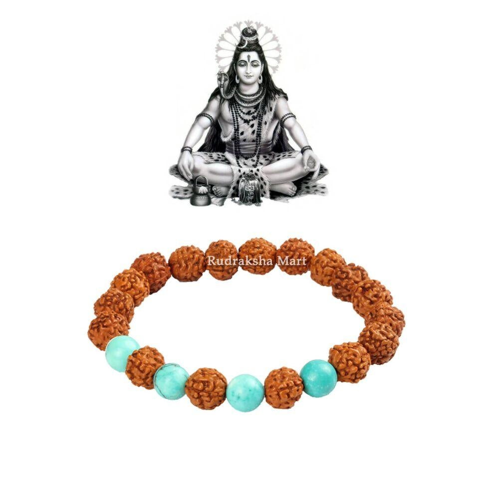 5 Mukhi Java Rudraksha with Turquoise Stretchable Bracelet in India, US, UK, Australia, Europe