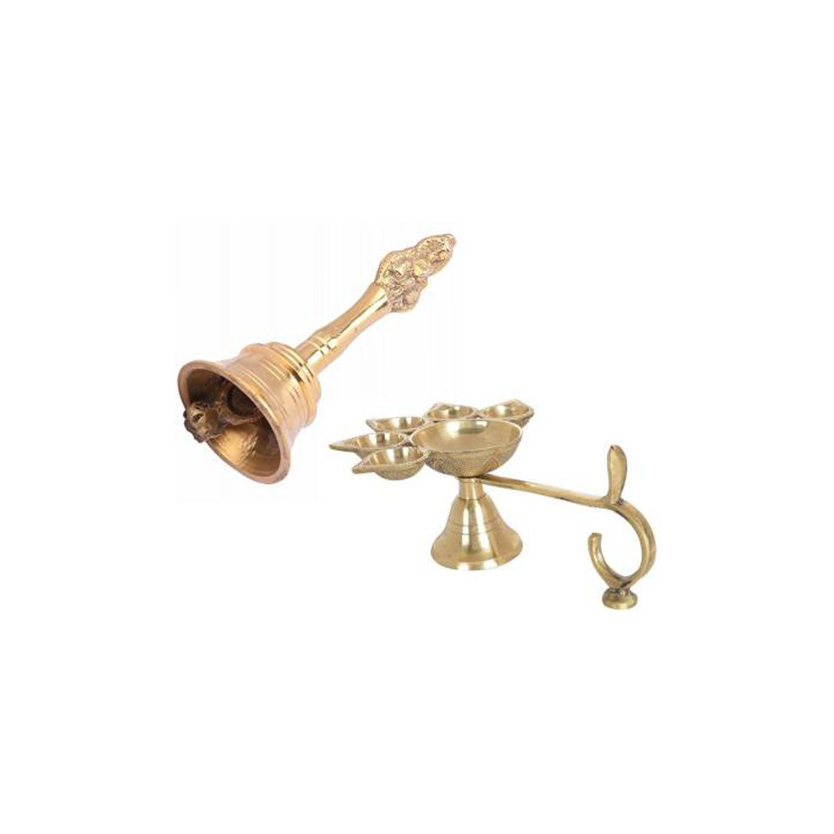 Combo Of 5 Face Puja Camphor Burner Lamp Panch Aarti Jyoti With Brass Nagpari Head Pooja Puja Bell Ghanti Brass (Multicolor) in India, US, UK, Australia, Europe
