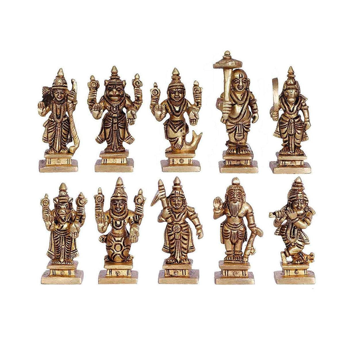 Brass Dashavatara Dasavatharam of Lord Vishnu Statues Ten Incarnations Avatars Idol Murti for Mandir Puja Temple in India, US, UK, Australia, Europe