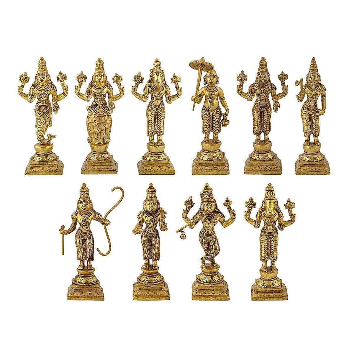 Brass Dashavatara of Lord Vishnu Statues Ten Incarnations Avatars Idol Murti for Mandir Puja Temple in India, US, UK, Australia, Europe