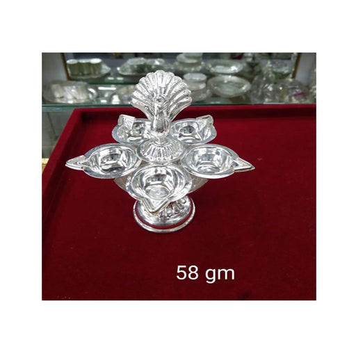 Pure Silver 5 Flame Diya with Peacock Design on Top of Diya for Home Temple, Gift Items, Diya for Pooja in India, US, UK, Australia, Europe