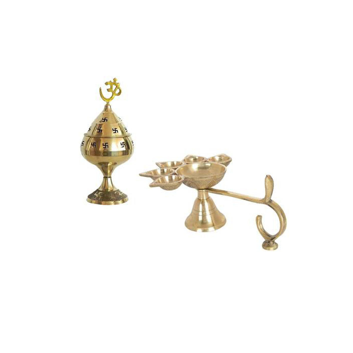 Combo Of 5 Face Brass Punch Mukhi Aarti Diya Jyoti Diya Oil Puja Lamp Puja Diya and Jali Akhand Jyoti Deep with Stand Brass in India, US, UK, Australia, Europe