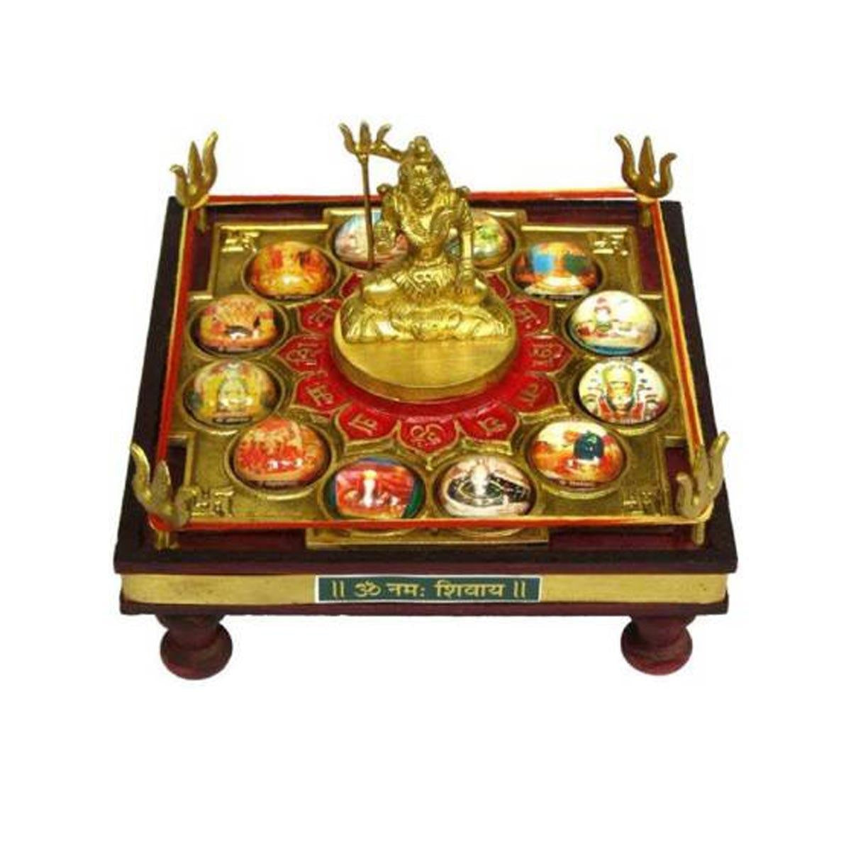 12 Jyotirling Sampoorna Shiva Yantra Chowki with Lord Shiva Idol In Brass & Wood in India, US, UK, Australia, Europe