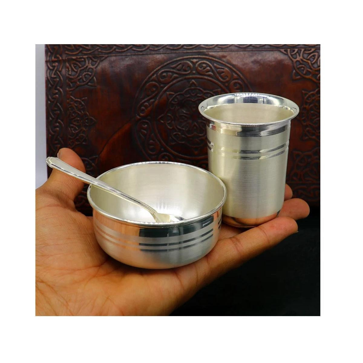 999 fine silver water milk glass and bowl, silver tumbler silver spoon, silver utensils in India, US, UK, Australia, Europe