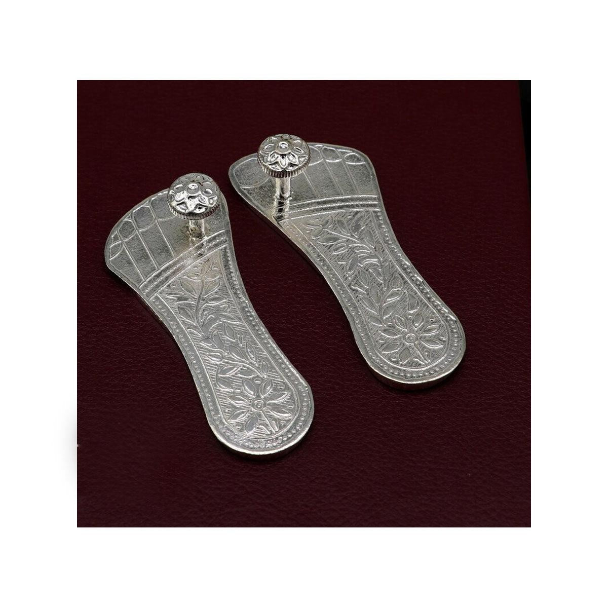 3" Solid sterling silver handmade Charan paduka or slippers for idol krishna, laddu gopala, little krishna or Vshnu Narayana puja in India, US, UK, Australia, Europe