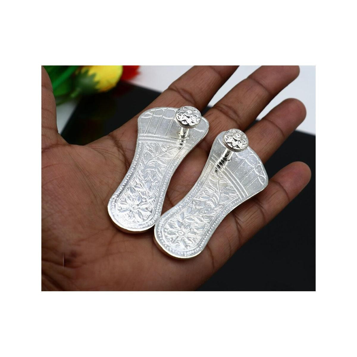 3" Solid sterling silver handmade Charan paduka or slippers for idol krishna, laddu gopala, little krishna or Vshnu Narayana puja in India, US, UK, Australia, Europe