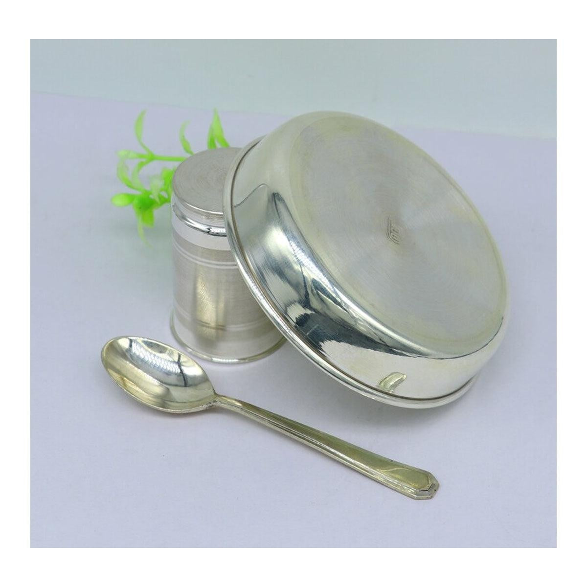 999 fine silver handmade small water/milk Glass tumbler, tray /plate baby kids silver cup & spoon utensils in India, US, UK, Australia, Europe