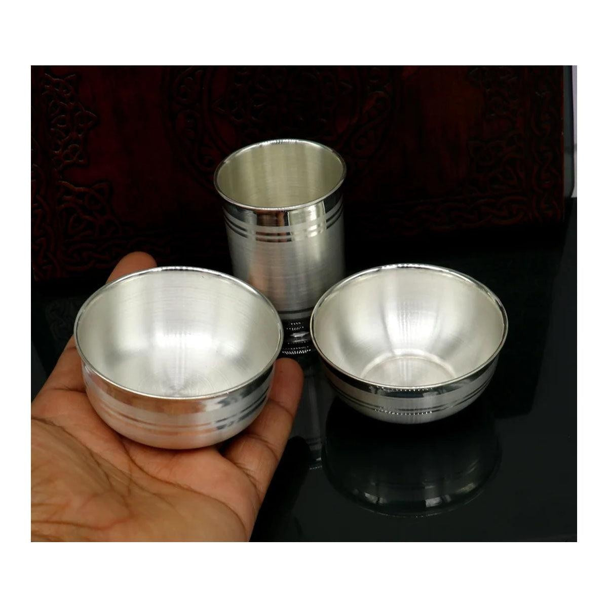 999 pure silver combo of two bowl and single glass, silver vessel, silver baby utensils, silver puja article in India, US, UK, Australia, Europe