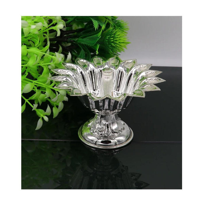 Flower shape oil lamp, silver home temple utensils, silver diya, deepak, silver vessels in India, US, UK, Australia, Europe