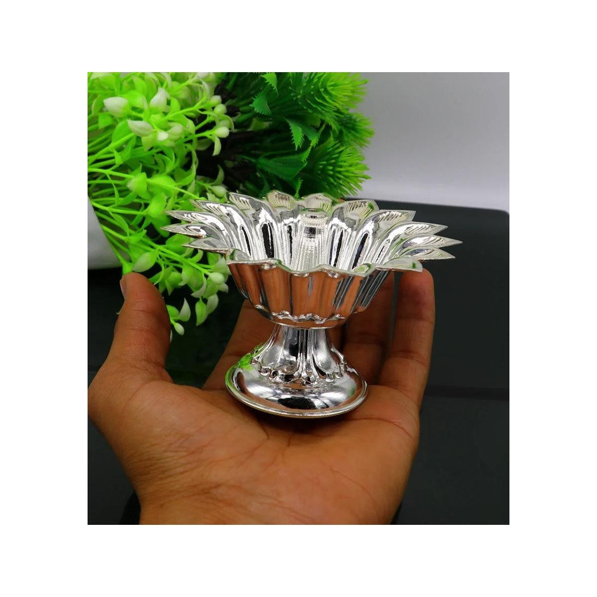 Flower shape oil lamp, silver home temple utensils, silver diya, deepak, silver vessels in India, US, UK, Australia, Europe