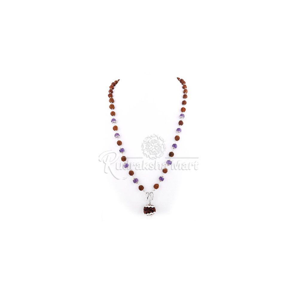 5 Mukhi Java Rudraksha with Amethyst Beads Combination Mala in Pure Silver in India, US, UK, Australia, Europe