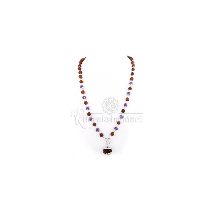 5 Mukhi Java Rudraksha with Amethyst Beads Combination Mala in Pure Silver in India, US, UK, Australia, Europe