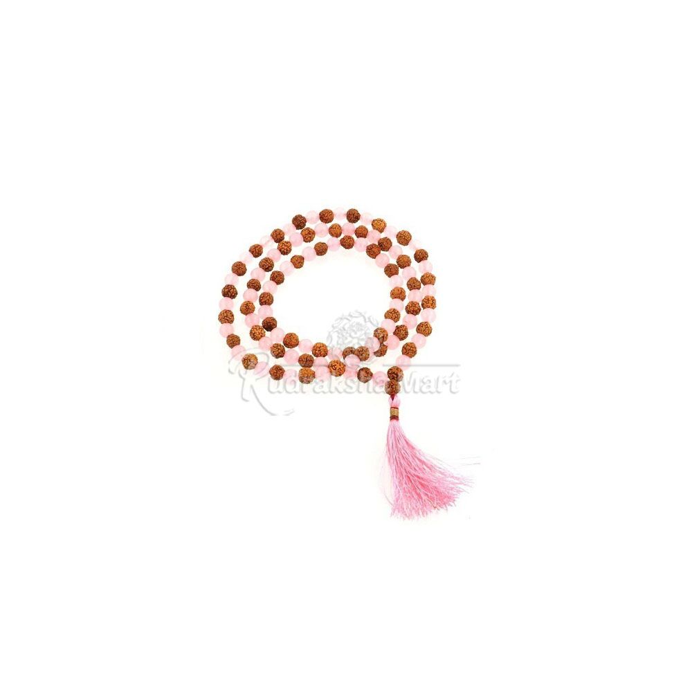 5 Mukhi Java Rudraksha with Rose Quartz Beads Combination Mala in India, US, UK, Australia, Europe