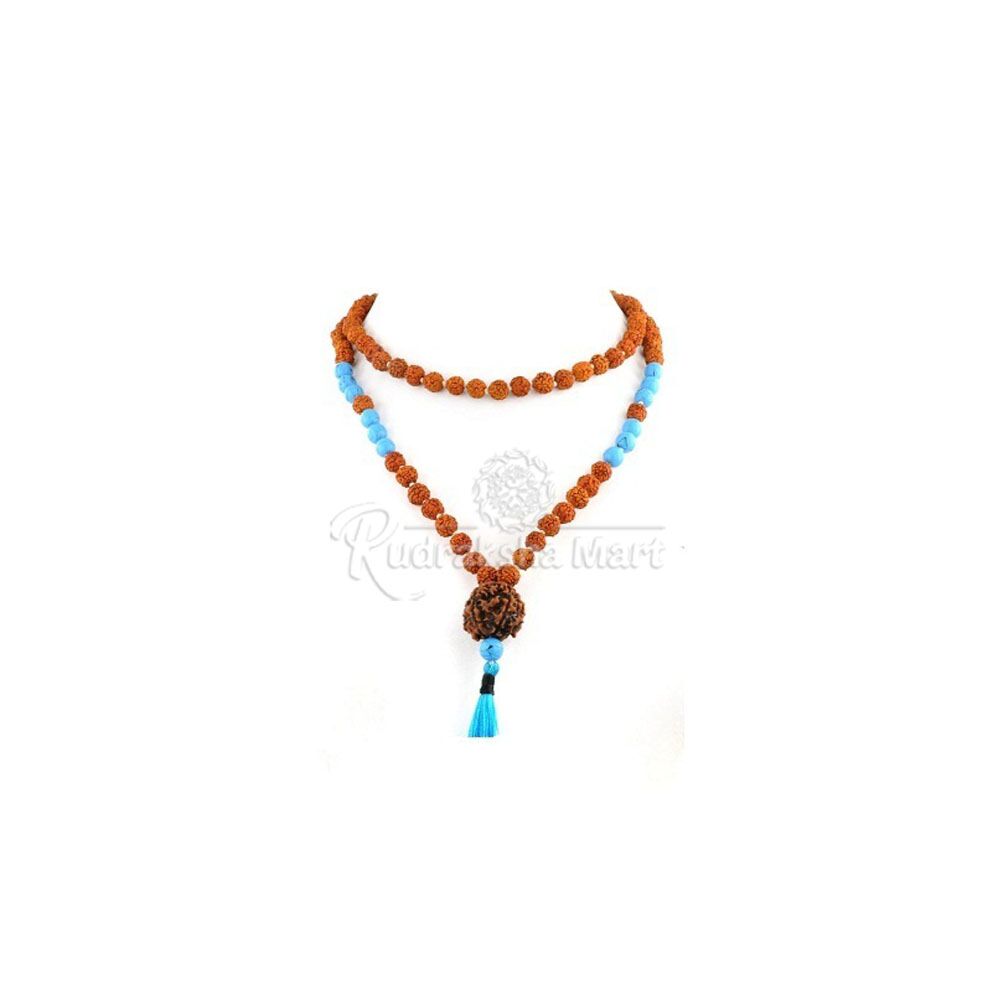 5 Mukhi Java Big Rudraksha with Turquoise Combination Mala in India, US, UK, Australia, Europe