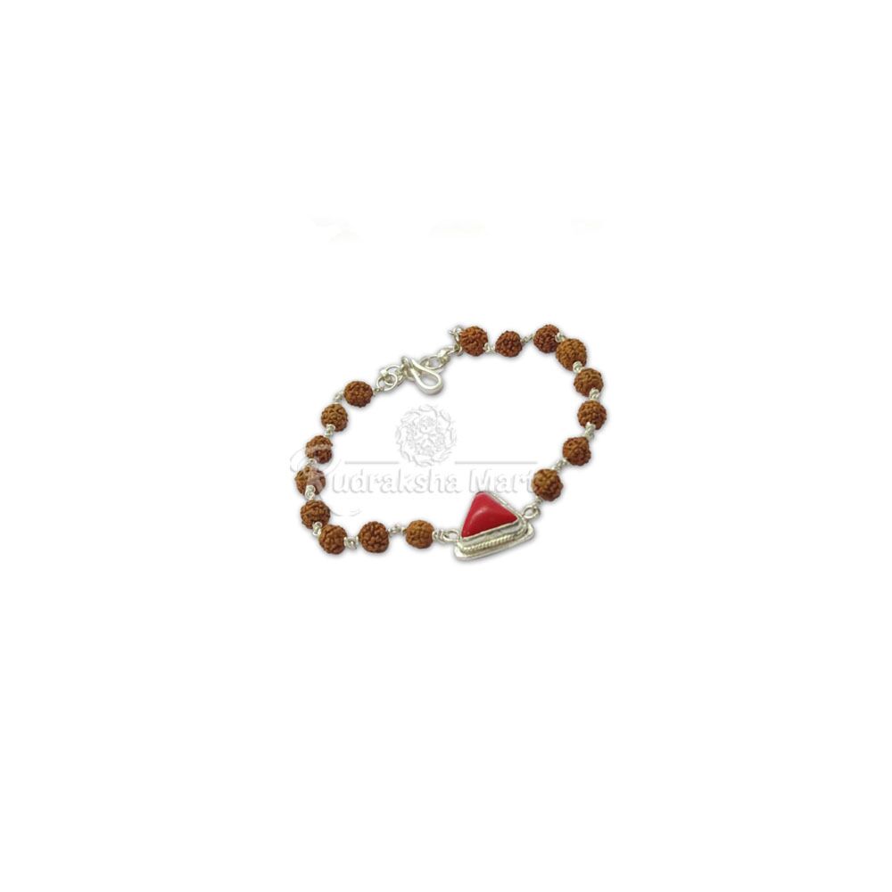 Natural Coral with 5 Mukhi Java Rudraksha for Aries Signs in Silver Bracelet in India, US, UK, Australia, Europe