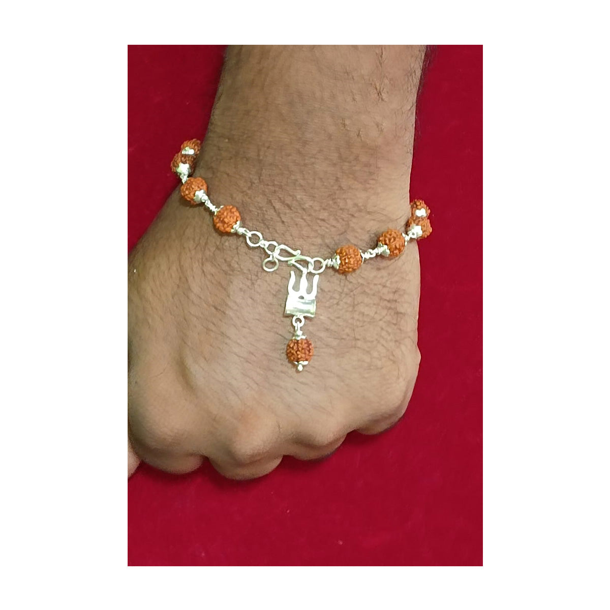 Fine Silver Trishul Damru with 5 Mukhi Java Rudraksha Bracelet in Pure Silver in India, US, UK, Australia, Europe